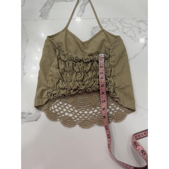 Halter Tank Top Womens Small Beige Crochet Lace Linen Blend Cropped Boho - Picture 7 of 9